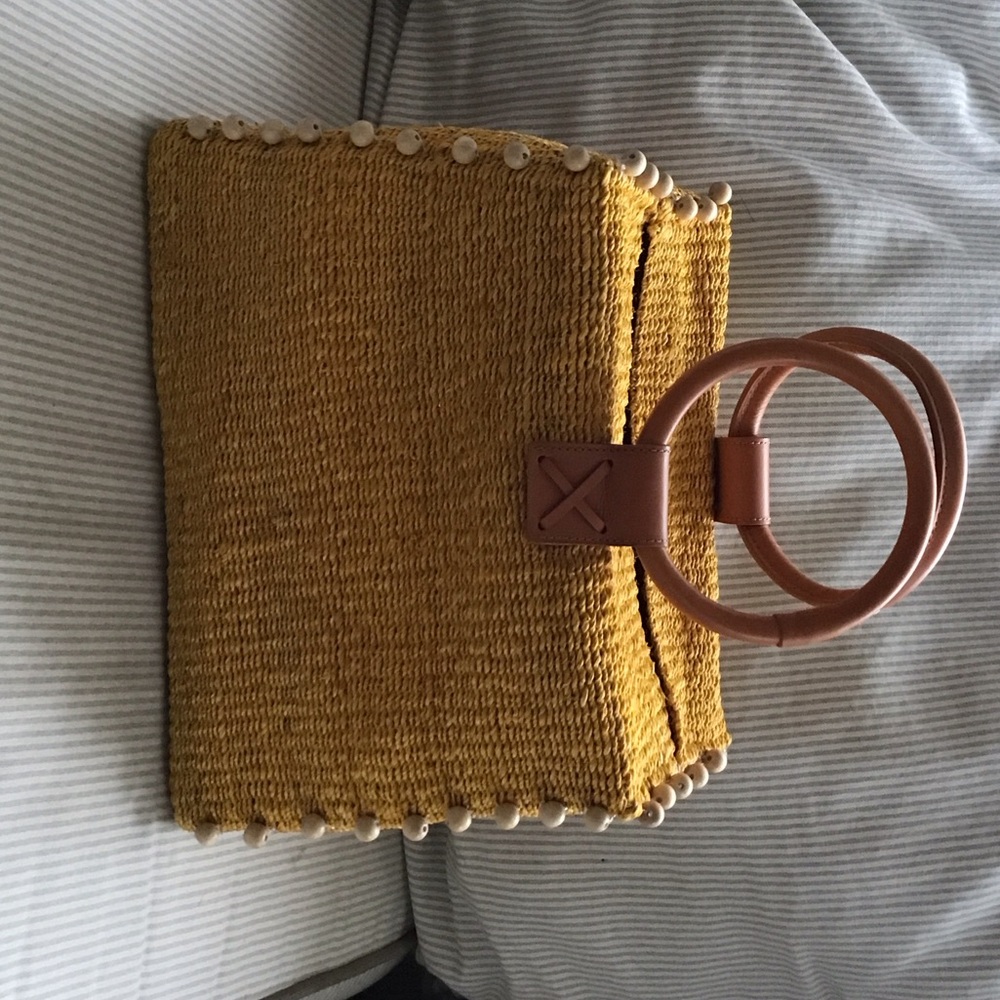 Aranaz yellow straw tote with Leather Accents